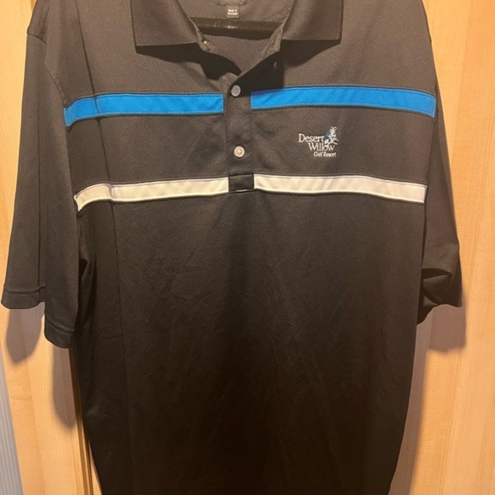Footjoy Desert Willow Resort Men's Black Polo Shirt with Blue and White Stripes
